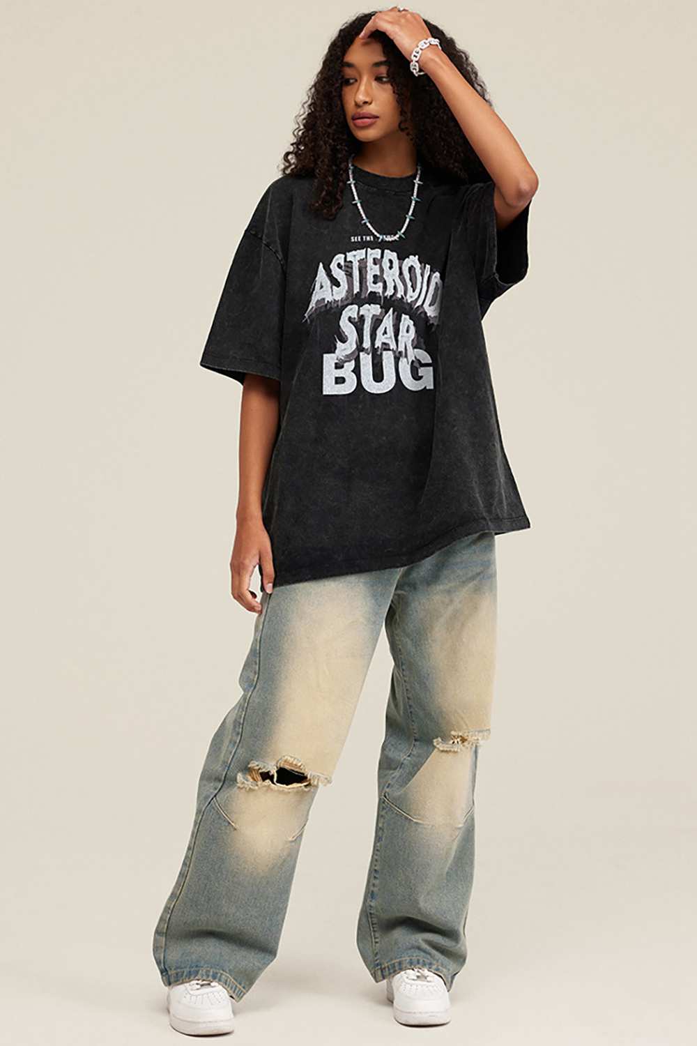 Washed Layered-Letter Graphic Relaxed Cotton T-Shirt in Fried Snowflakes - full-length front modeled view