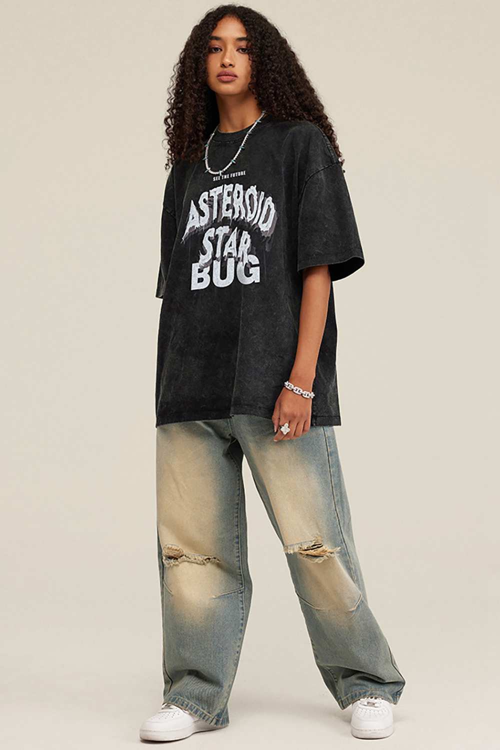 Washed Layered-Letter Graphic Relaxed Cotton T-Shirt in Fried Snowflakes - full-length front modeled view