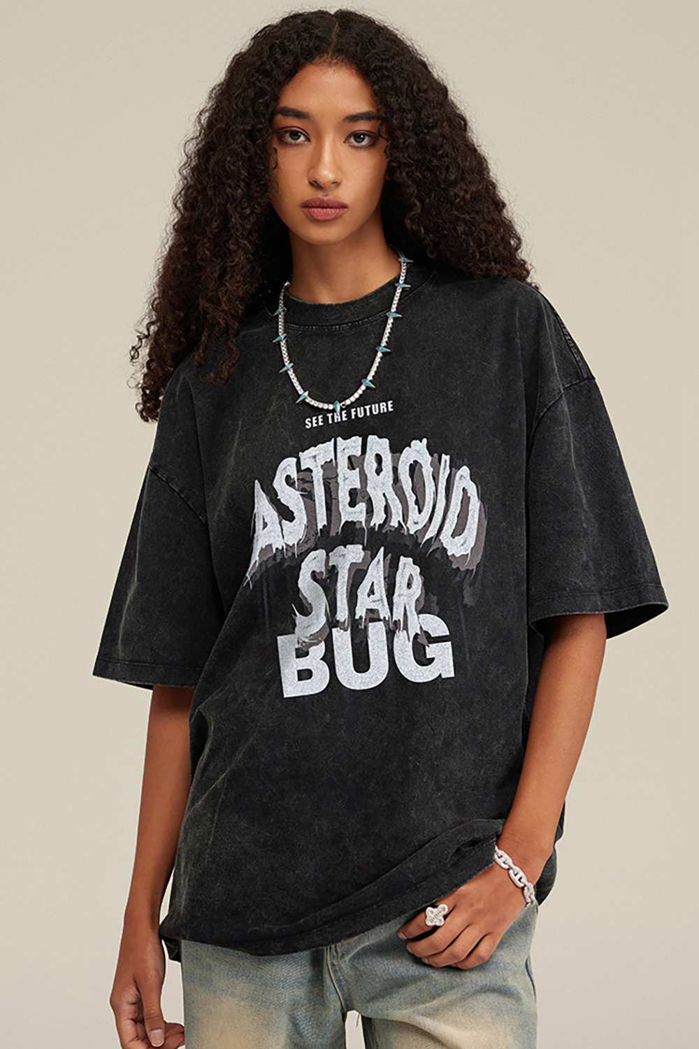 Washed Layered-Letter Graphic Relaxed Cotton T-Shirt in Fried Snowflakes - front modeled close-up