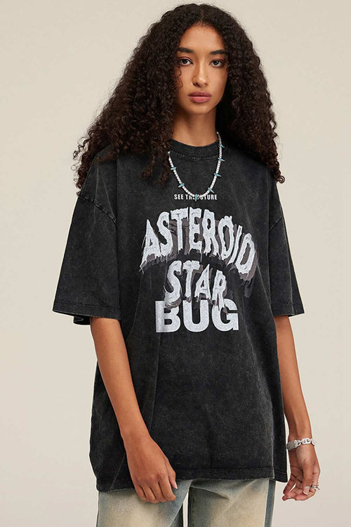 Washed Layered-Letter Graphic Relaxed Cotton T-Shirt in Fried Snowflakes - product detail close-up