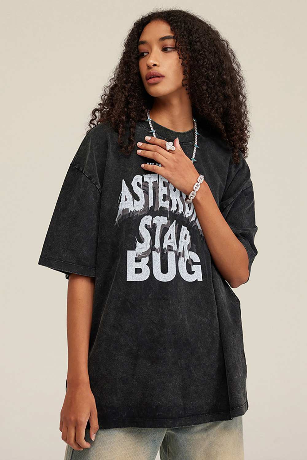 Washed Layered-Letter Graphic Relaxed Cotton T-Shirt in Fried Snowflakes - front modeled close-up