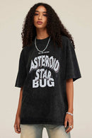 Washed Layered-Letter Graphic Relaxed Cotton T-Shirt in Fried Snowflakes - front modeled close-up