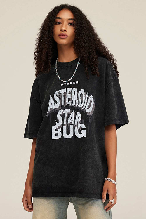 Washed Layered-Letter Graphic Relaxed Cotton T-Shirt in Fried Snowflakes - front modeled close-up