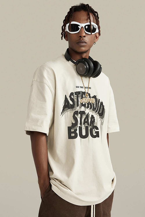 Washed Layered-Letter Graphic Relaxed Cotton T-Shirt in Gray Apricot - three-quarter front modeled view