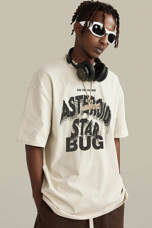 Washed Layered-Letter Graphic Relaxed Cotton T-Shirt in Gray Apricot - three-quarter front modeled view