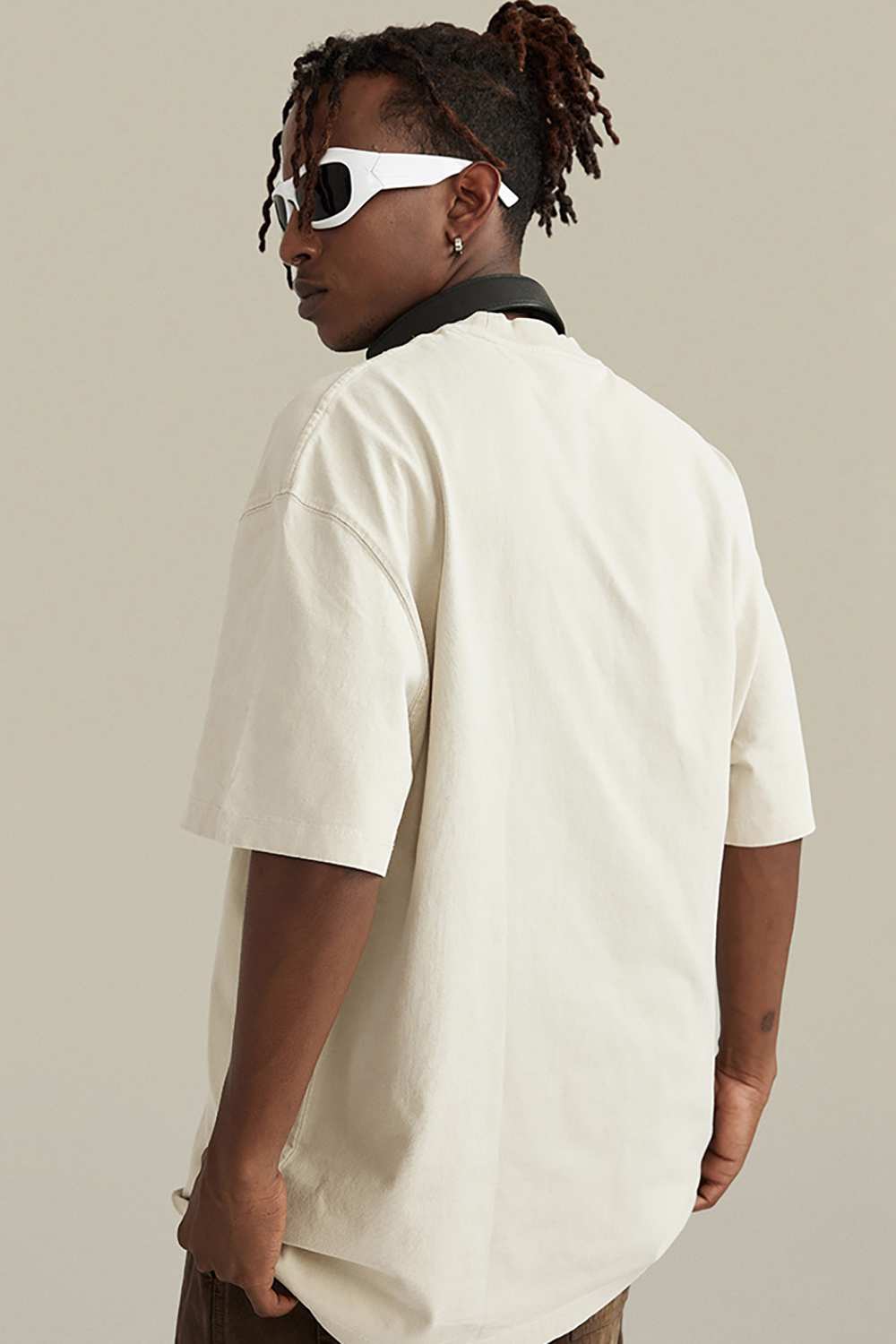 Washed Layered-Letter Graphic Relaxed Cotton T-Shirt in Gray Apricot - back product view