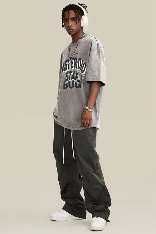 Washed Layered-Letter Graphic Relaxed Cotton T-Shirt in Medium Gray - full-length front modeled view