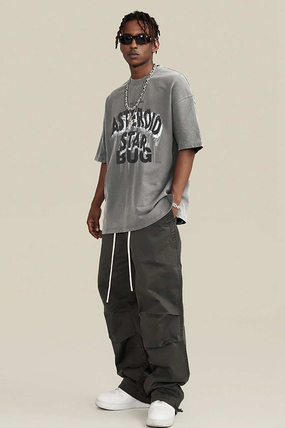 Washed Layered-Letter Graphic Relaxed Cotton T-Shirt in Medium Gray - full-length front modeled view