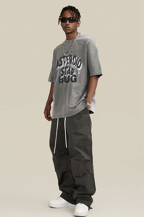 Washed Layered-Letter Graphic Relaxed Cotton T-Shirt in Medium Gray - full-length front modeled view