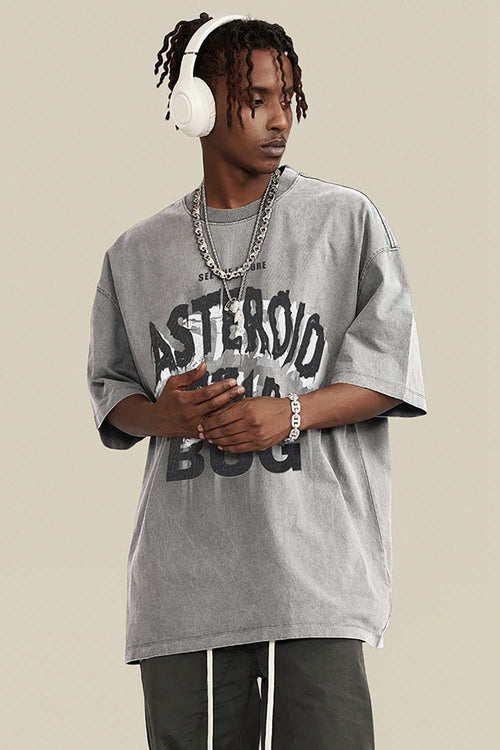Washed Layered-Letter Graphic Relaxed Cotton T-Shirt in Medium Gray - front modeled close-up