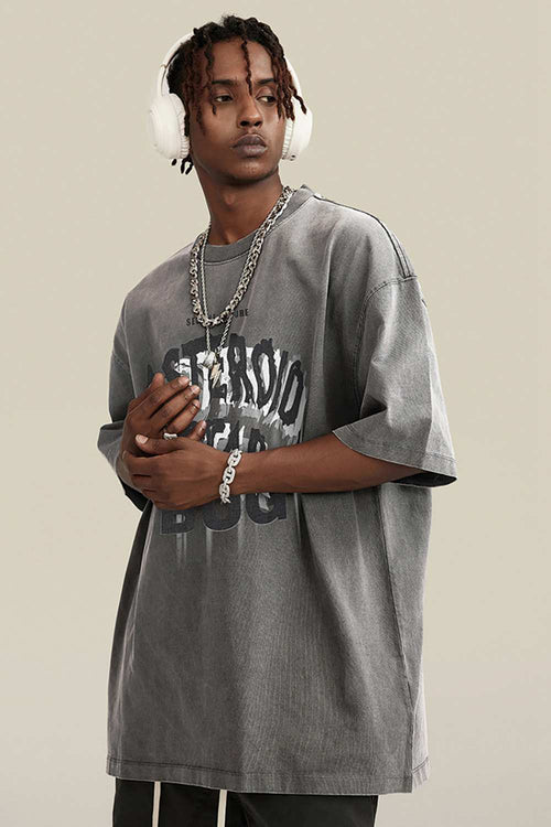 Washed Layered-Letter Graphic Relaxed Cotton T-Shirt in Medium Gray - three-quarter front modeled view