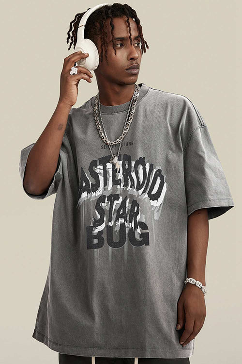 Washed Layered-Letter Graphic Relaxed Cotton T-Shirt in Medium Gray - front modeled close-up