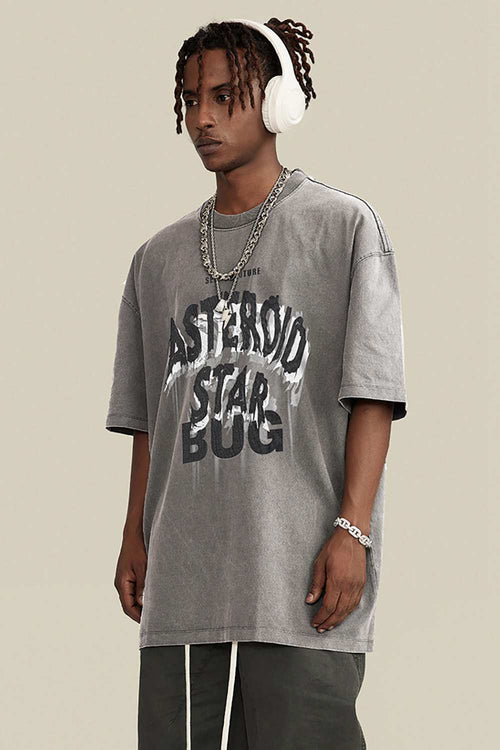 Washed Layered-Letter Graphic Relaxed Cotton T-Shirt in Medium Gray - three-quarter front modeled view