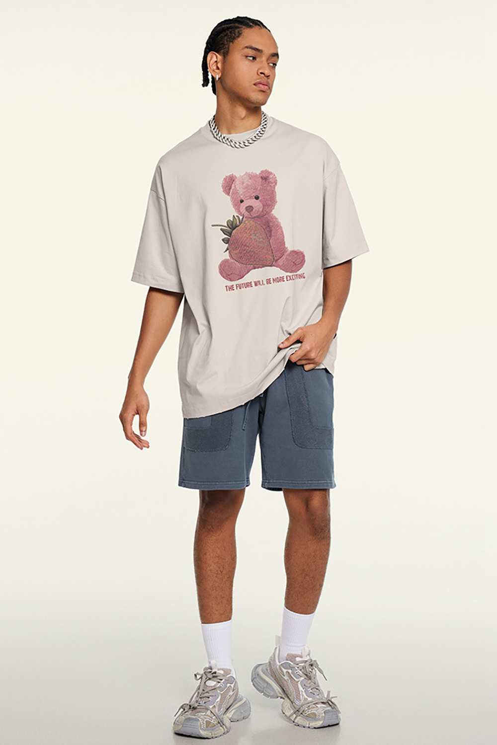 Cool-Touch Quick-Drying Bear Graphic Oversized T-Shirt in Sandy Apricot - full-length front modeled view