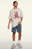 Cool-Touch Quick-Drying Bear Graphic Oversized T-Shirt in Sandy Apricot - full-length front modeled view