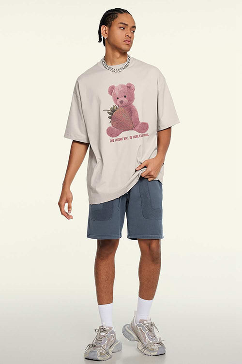 Cool-Touch Quick-Drying Bear Graphic Oversized T-Shirt in Sandy Apricot - full-length front modeled view