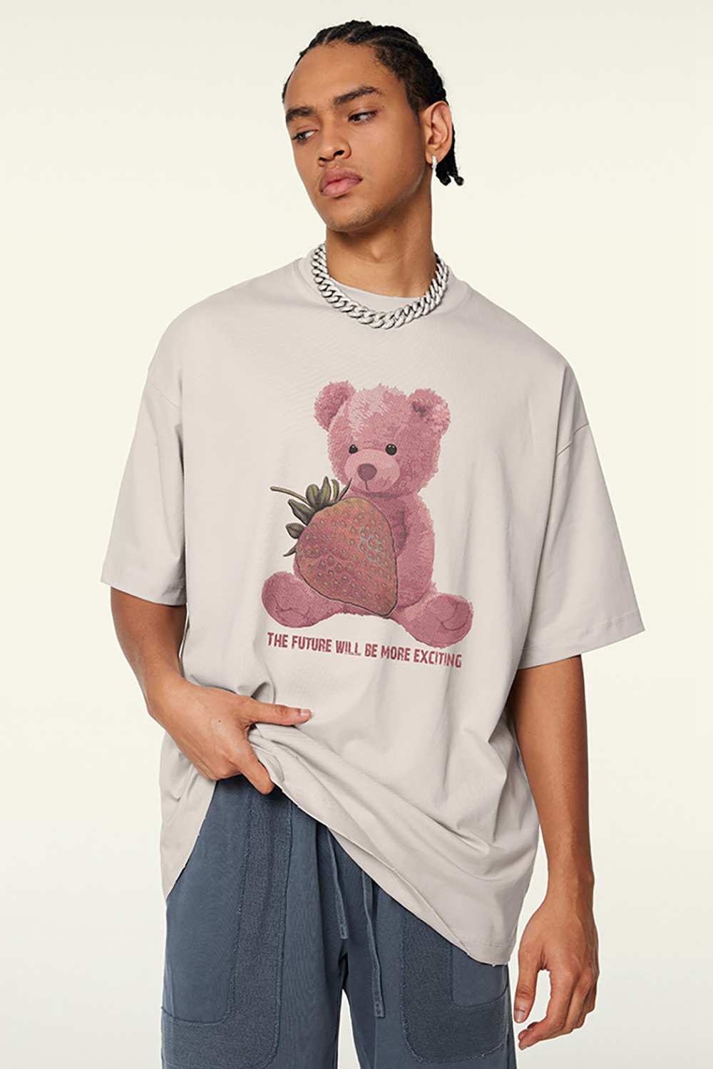 Cool-Touch Quick-Drying Bear Graphic Oversized T-Shirt in Sandy Apricot - front modeled view