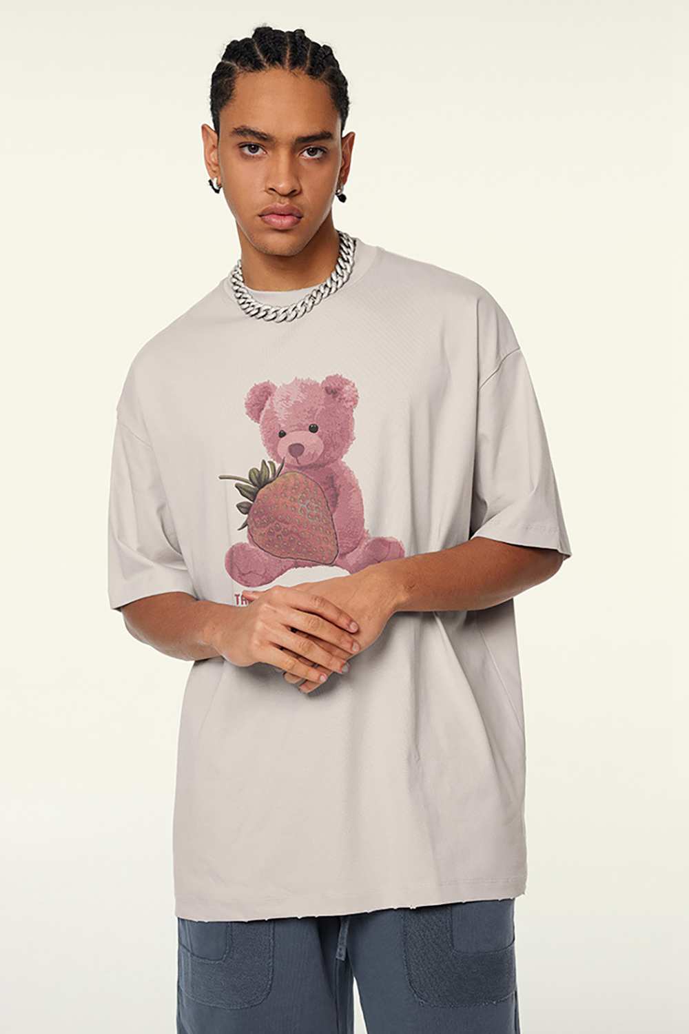 Cool-Touch Quick-Drying Bear Graphic Oversized T-Shirt in Sandy Apricot - front modeled view