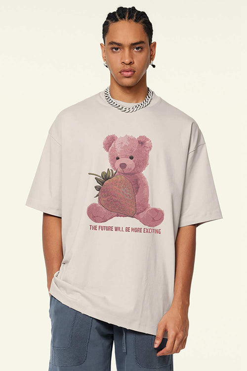 Cool-Touch Quick-Drying Bear Graphic Oversized T-Shirt in Sandy Apricot - front modeled view
