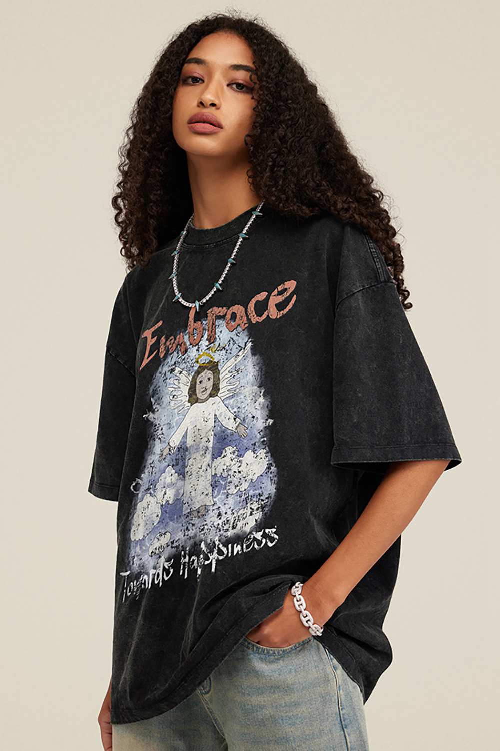 Vintage Angel Print Casual Tee – Embrace Happiness