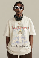 Washed Angel-Graphic Relaxed Cotton T-Shirt in Gray Apricot - front modeled close-up