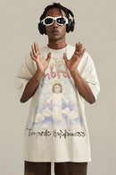 Washed Angel-Graphic Relaxed Cotton T-Shirt in Gray Apricot - product detail close-up
