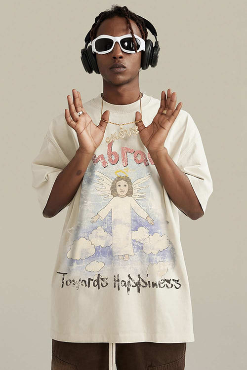 Washed Angel-Graphic Relaxed Cotton T-Shirt in Gray Apricot - product detail close-up