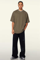 Heavyweight Cotton Relaxed Drop-Shoulder T-Shirt in Coffee - full-length front modeled view