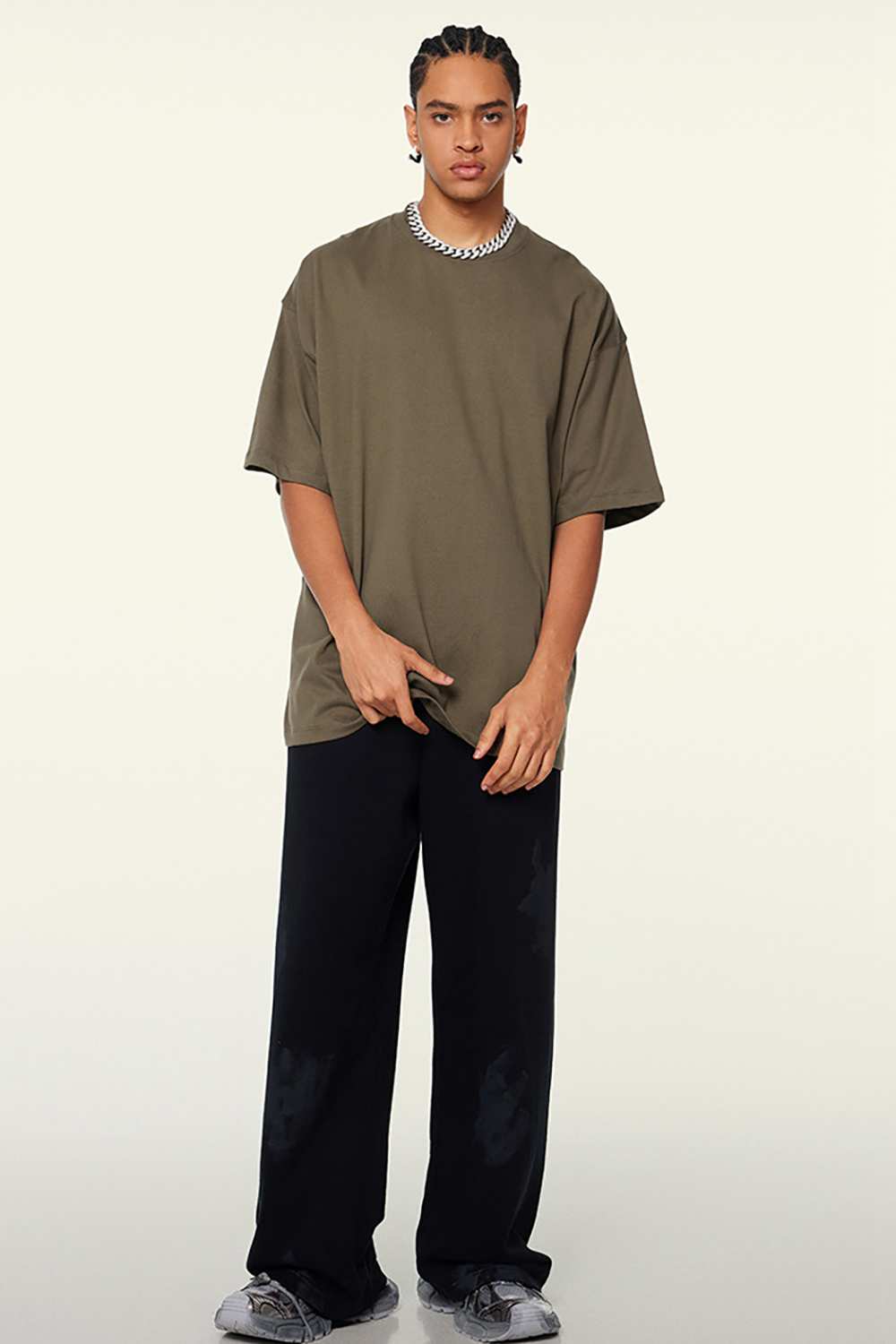 Heavyweight Cotton Relaxed Drop-Shoulder T-Shirt in Coffee - full-length front modeled view