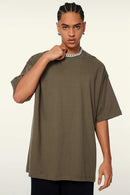 Heavyweight Cotton Relaxed Drop-Shoulder T-Shirt in Coffee - front modeled view