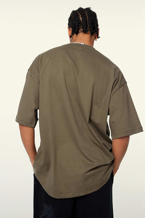 Heavyweight Cotton Relaxed Drop-Shoulder T-Shirt in Coffee - back modeled view