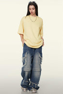 Heavyweight Cotton Relaxed Drop-Shoulder T-Shirt in Cream Apricot - full-length front modeled view