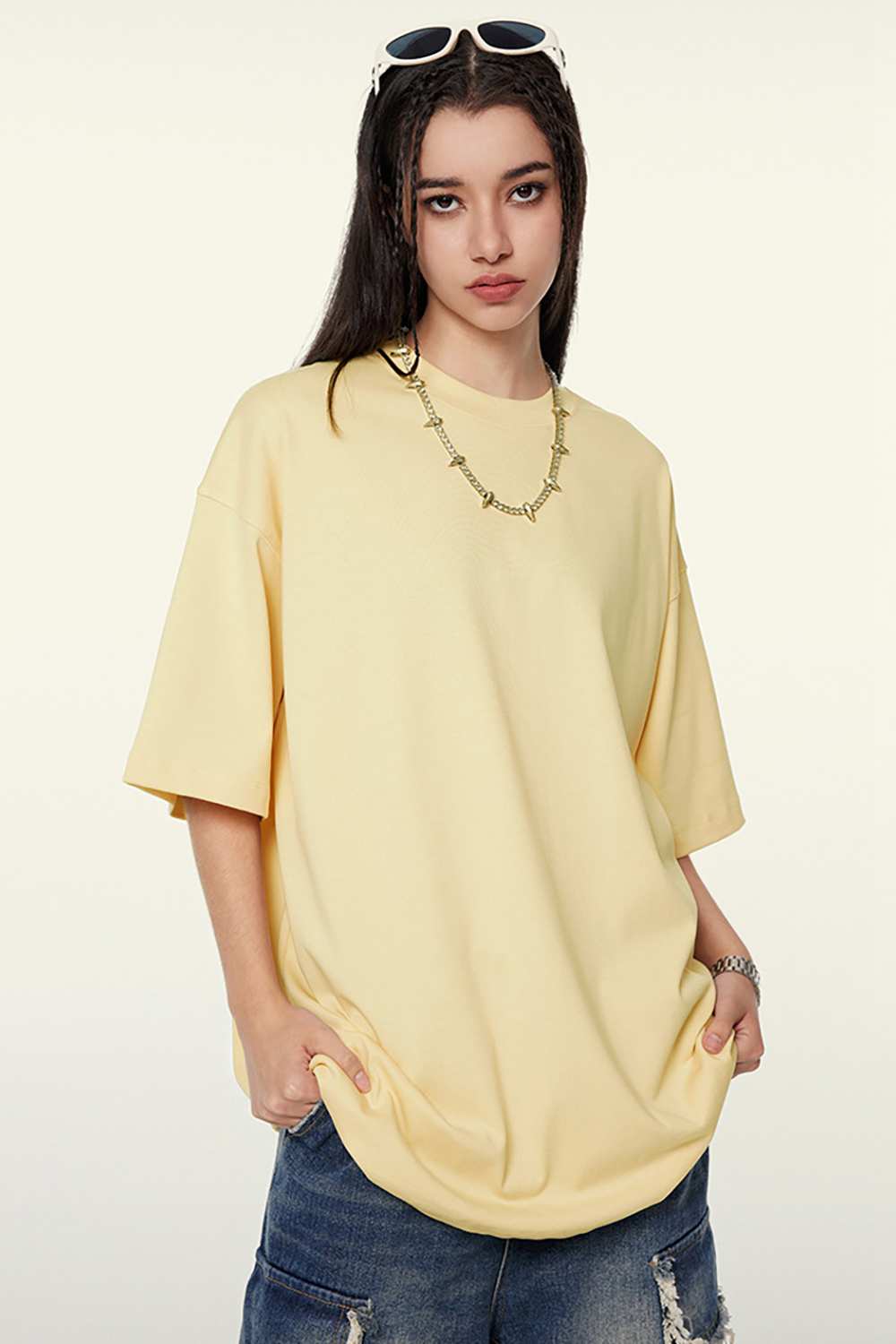 Heavyweight Cotton Relaxed Drop-Shoulder T-Shirt in Cream Apricot - front modeled view