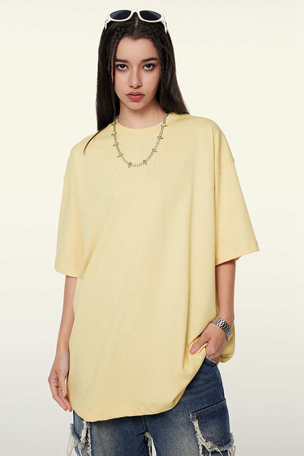 Heavyweight Cotton Relaxed Drop-Shoulder T-Shirt in Cream Apricot - front modeled view