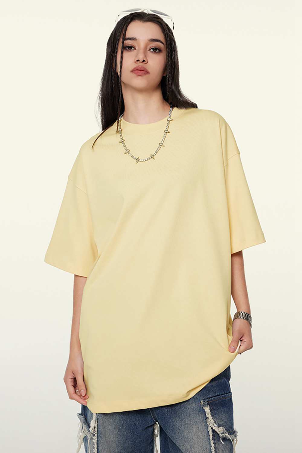 Heavyweight Cotton Relaxed Drop-Shoulder T-Shirt in Cream Apricot - front modeled view