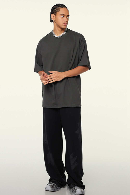 Heavyweight Cotton Relaxed Drop-Shoulder T-Shirt in Dark Gray - full-length front modeled view