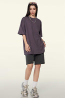 Heavyweight Cotton Relaxed Drop-Shoulder T-Shirt in Fade Purple - full-length front modeled view