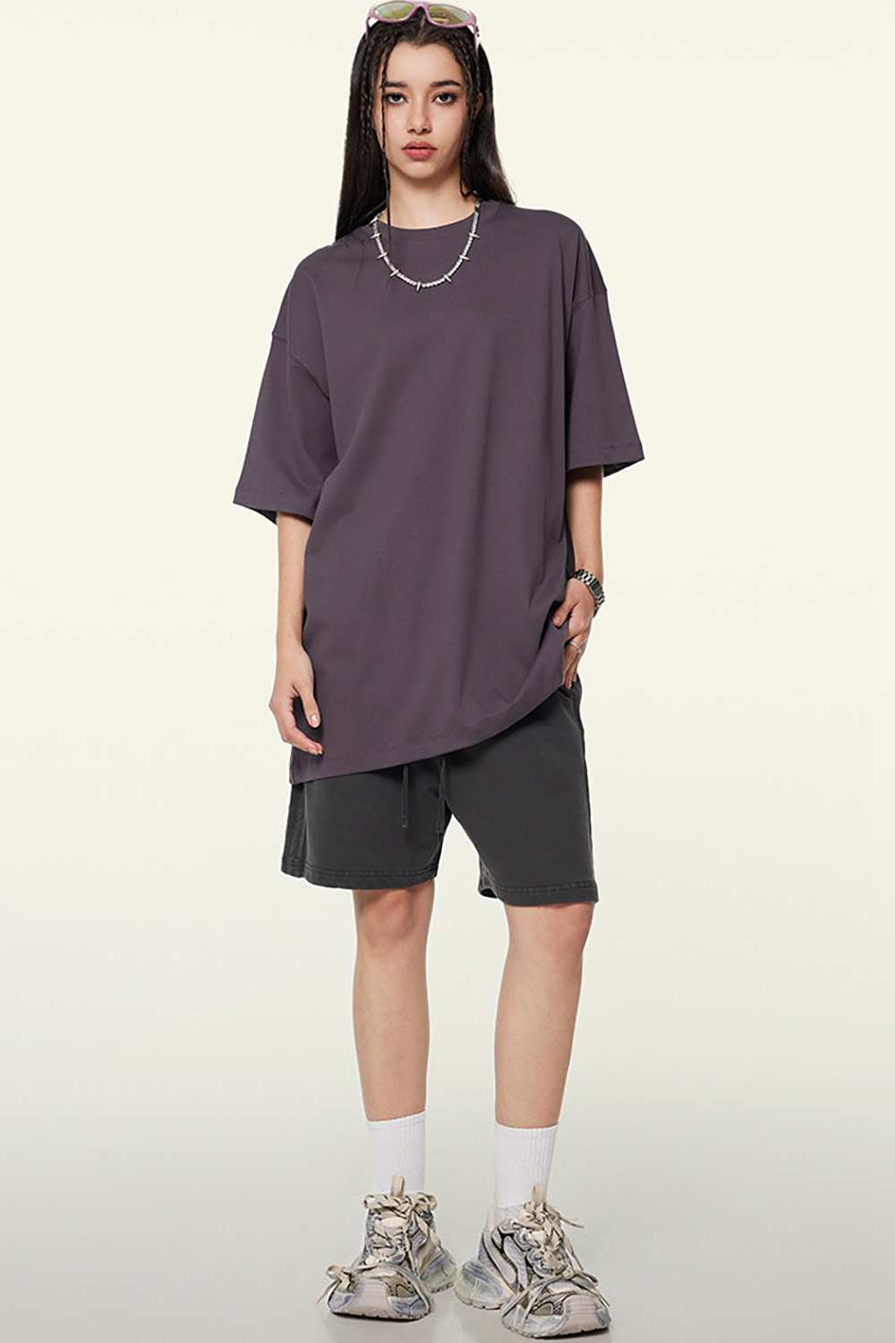 Heavyweight Cotton Relaxed Drop-Shoulder T-Shirt in Fade Purple - full-length front modeled view