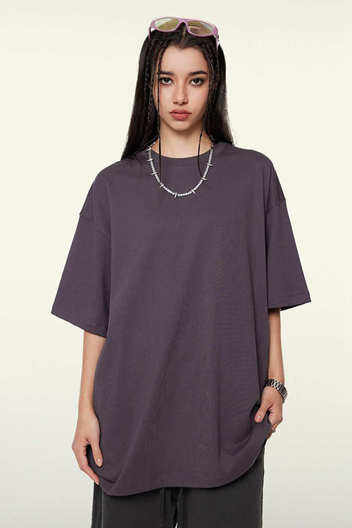 Heavyweight Cotton Relaxed Drop-Shoulder T-Shirt in Fade Purple - front modeled view