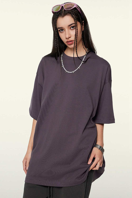 Heavyweight Cotton Relaxed Drop-Shoulder T-Shirt in Fade Purple - front modeled view