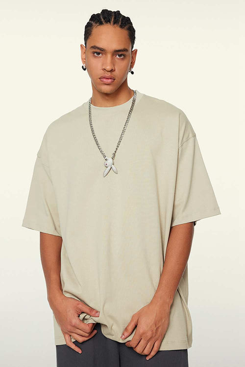 Heavyweight Cotton Relaxed Drop-Shoulder T-Shirt in Gray Apricot - front modeled view