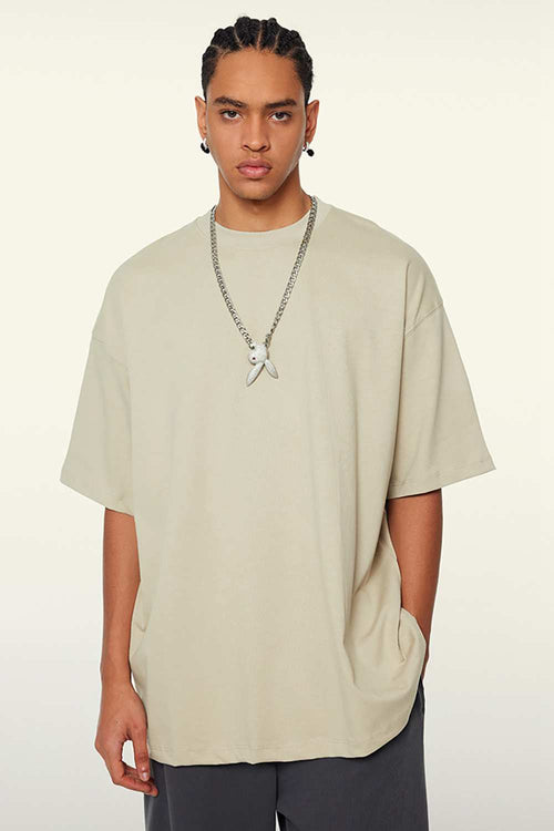 Heavyweight Cotton Relaxed Drop-Shoulder T-Shirt in Gray Apricot - front modeled view