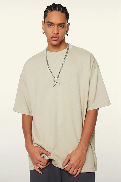 Heavyweight Cotton Relaxed Drop-Shoulder T-Shirt in Gray Apricot - front modeled view