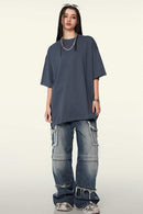 Heavyweight Cotton Relaxed Drop-Shoulder T-Shirt in Grayish Blue - full-length front modeled view