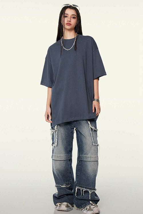 Heavyweight Cotton Relaxed Drop-Shoulder T-Shirt in Grayish Blue - full-length front modeled view
