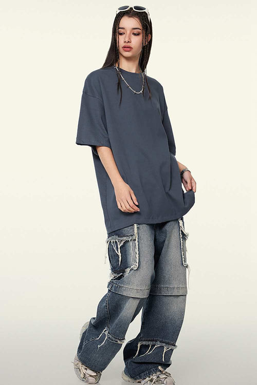 Heavyweight Cotton Relaxed Drop-Shoulder T-Shirt in Grayish Blue - full-length front modeled view