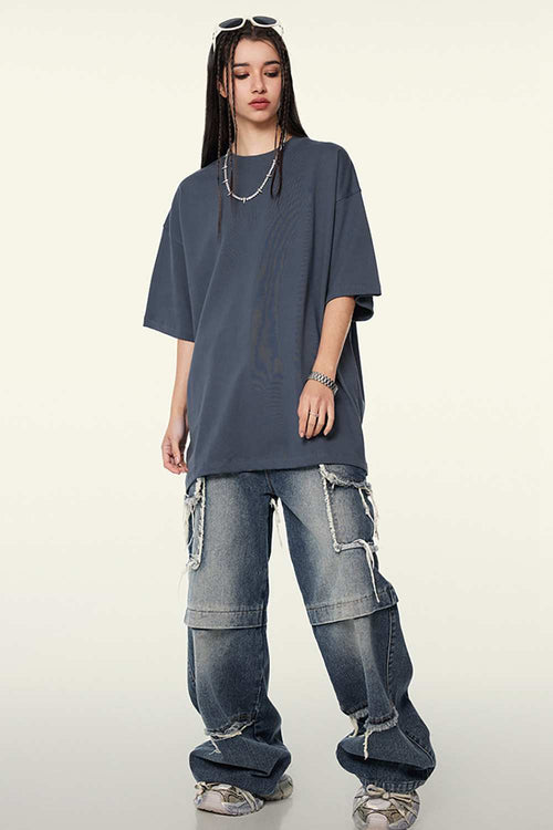 Heavyweight Cotton Relaxed Drop-Shoulder T-Shirt in Grayish Blue - full-length front modeled view