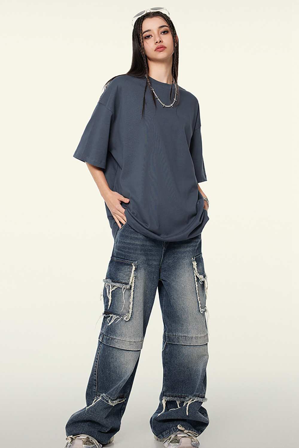 Heavyweight Cotton Relaxed Drop-Shoulder T-Shirt in Grayish Blue - full-length front modeled view