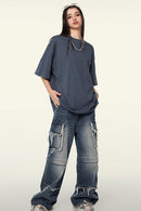 Heavyweight Cotton Relaxed Drop-Shoulder T-Shirt in Grayish Blue - full-length front modeled view