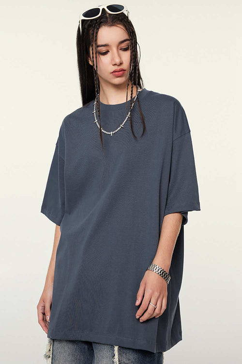 Heavyweight Cotton Relaxed Drop-Shoulder T-Shirt in Grayish Blue - full-length front modeled view